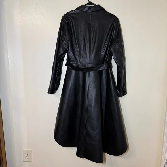 For Her Black High Low Faux Leather Belted Trench Coat - Picture 2 of 4